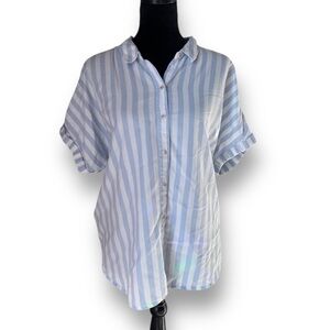 Universal Thread Striped Light Blue Folded Sleeve Button Down Short Sleeve Top